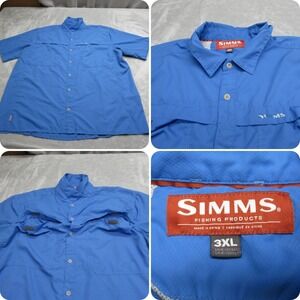Simms Fishing Shirt Mens 3XL Blue Short Sleeve Button Up Shirt Performance Light